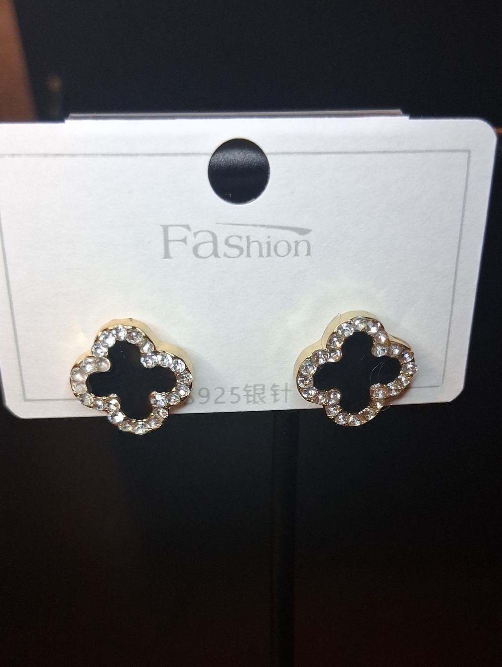 Black Clover Earrings With Sparkling Rhinestones & 925 Post New